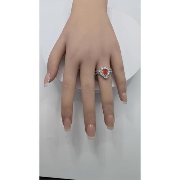 Silver Ring with Orange Gemstone and Clear Accent Stones, Size 8 - Picture 3 of 9